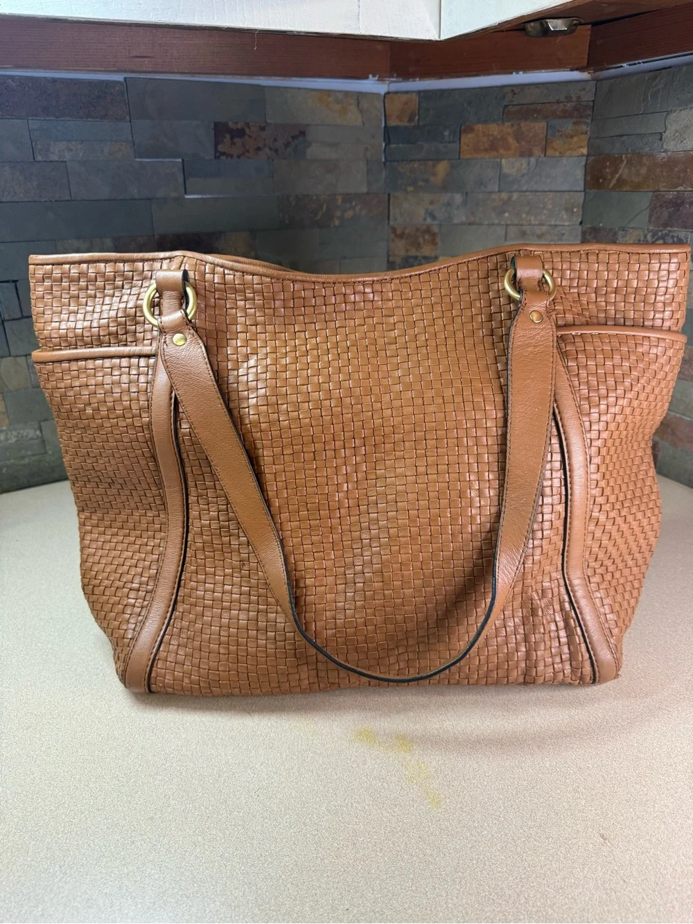Brown Woven Leather Cole Haan Large Tote Bag